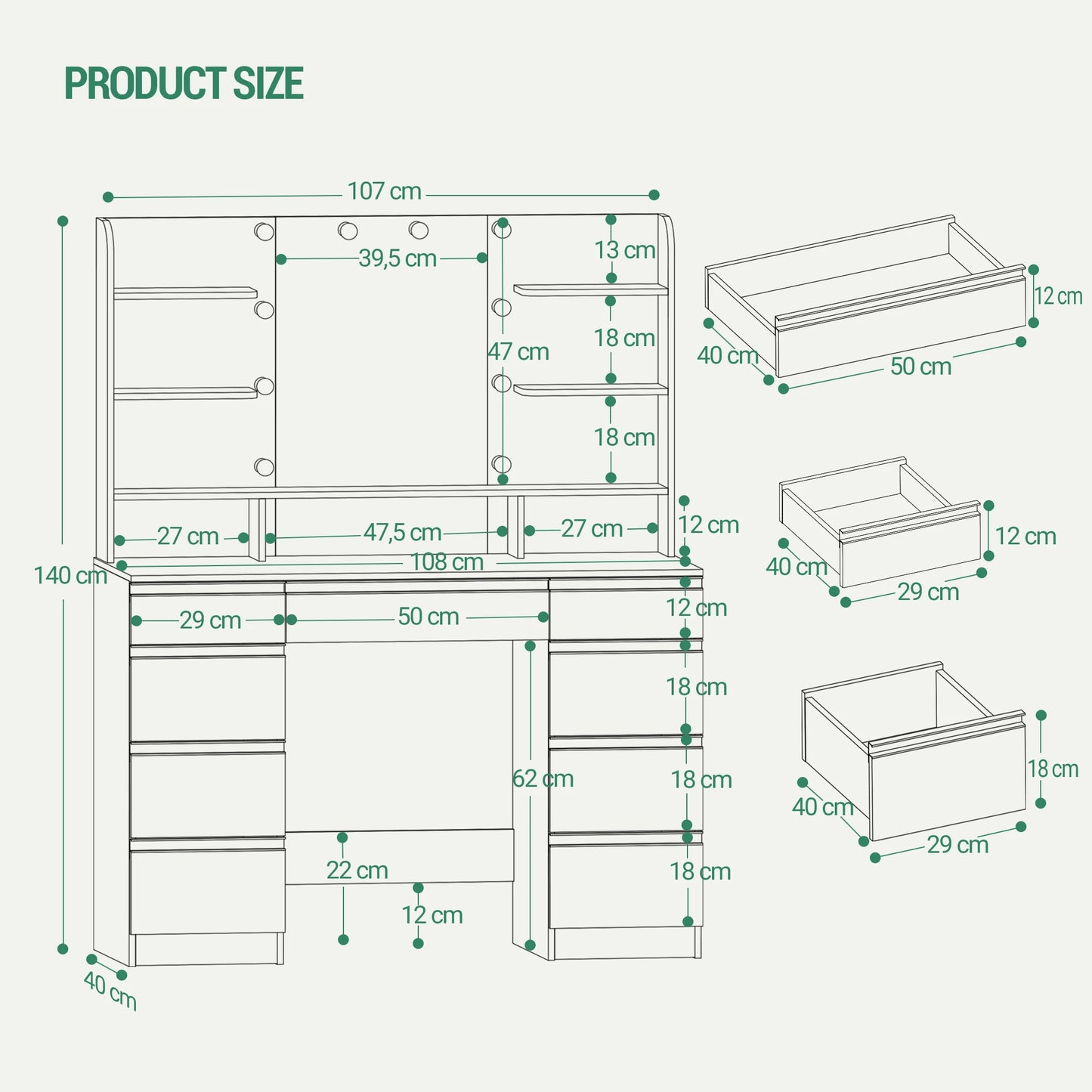 Coiffeuse LED – Miroir HD & Tiroirs