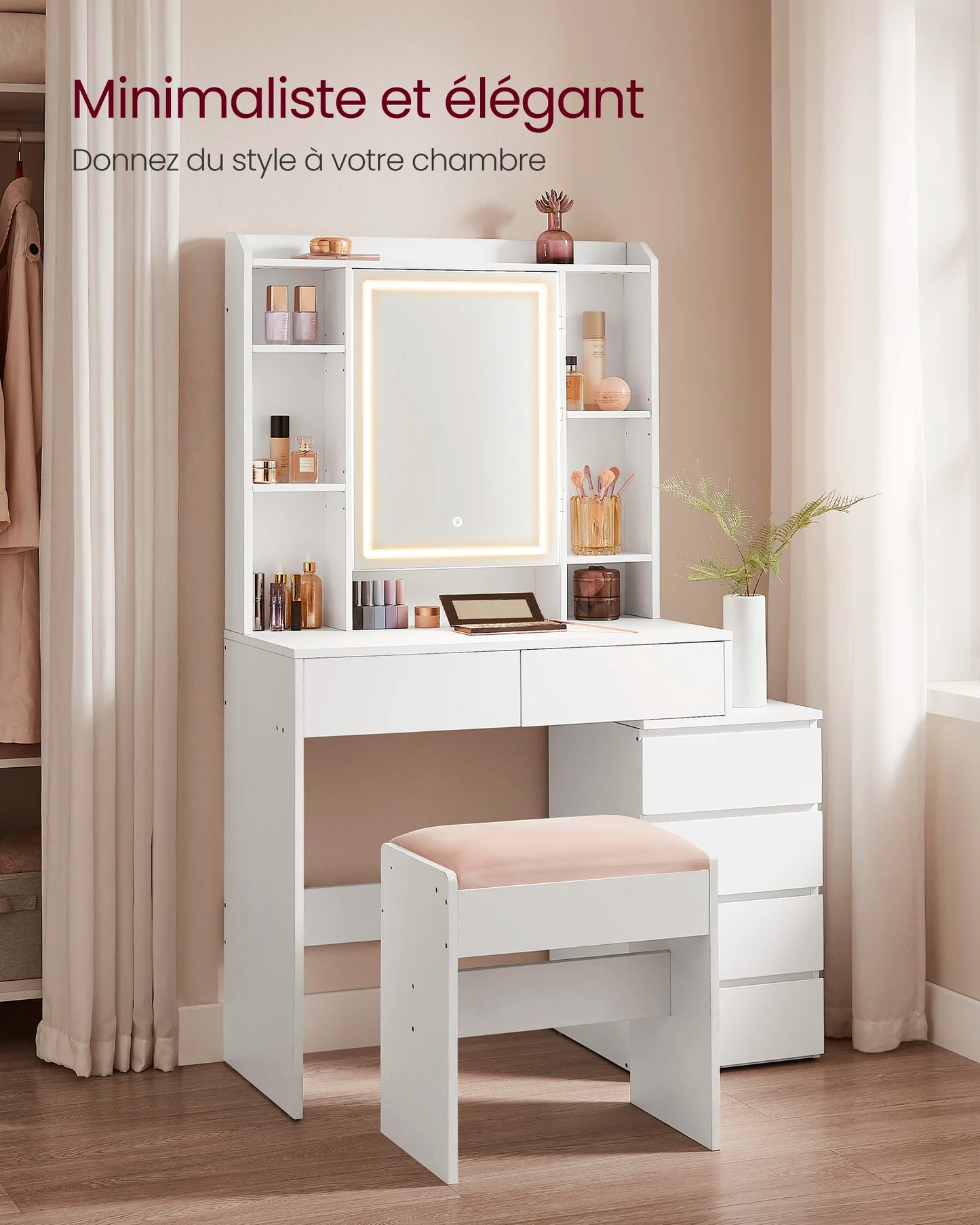 Coiffeuse Chambre avec LED Vasagle – Miroir, Tiroirs
