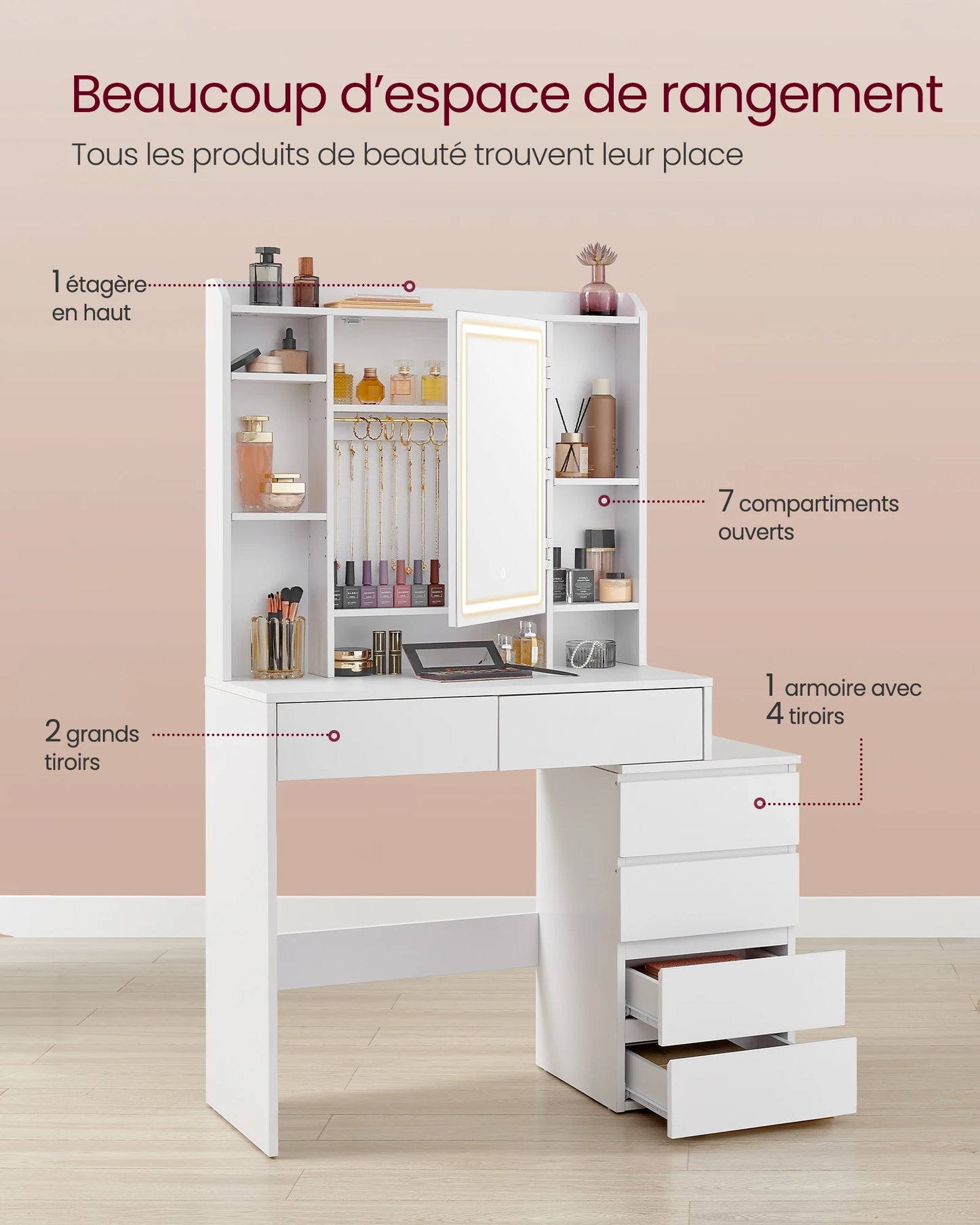 Coiffeuse Chambre avec LED Vasagle – Miroir, Tiroirs