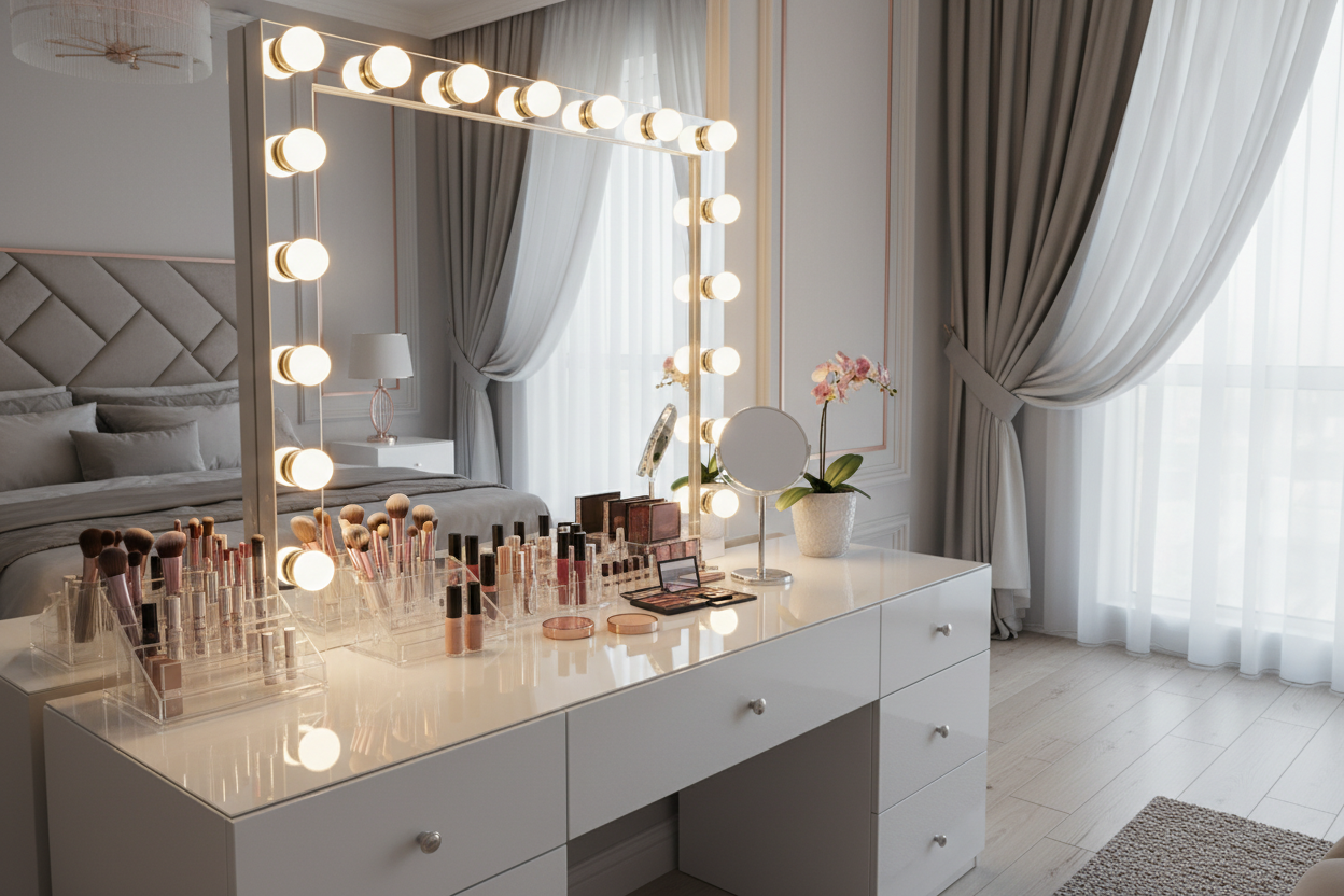 cree une image realiste d'une chambrer avec comme element principal une coiffeuse bien rangée avec 10 ampoule alumées 